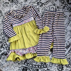 🎄Boutique Peasant Top Ruffle Pants Green Tan Navy Stripe Set Kids 5 5T